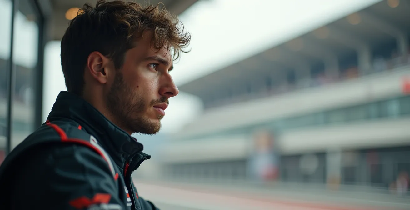 Pilote de course concentré dans un environnement calme hors circuit, ambiance épurée avec mise en valeur de la réflexion et du contrôle mental