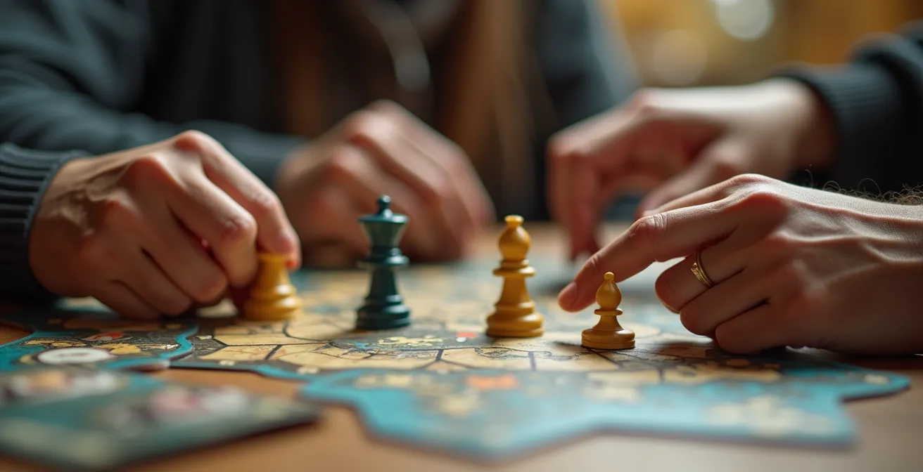 Vue rapprochée de mains collaborant autour d'un jeu de plateau stratégique avec éléments tactiques et ambiance chaleureuse