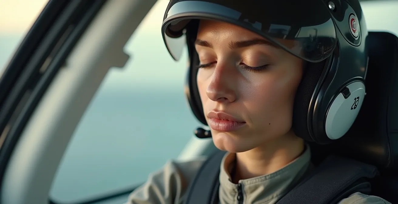 Gros plan sur visage serein d'un pilote en méditation avant course, lumière douce et ambiance paisible